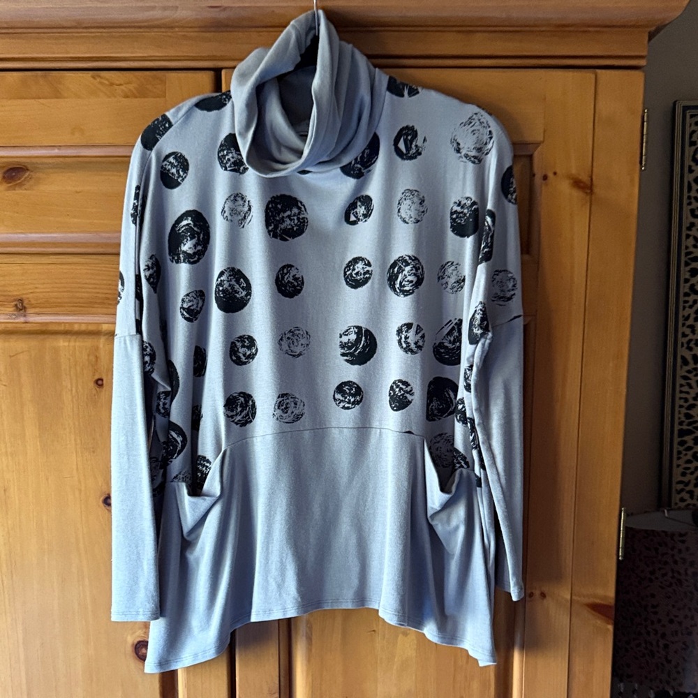 Gray Cowl Neck Top with Black Polka Dots